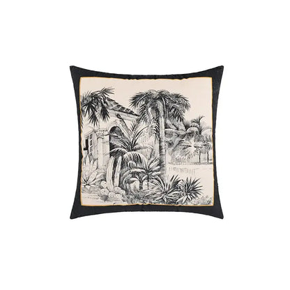 Beige cartoon print velvet cushion cover with black border and intricate jungle cartoon decorbites jungle cartoon design