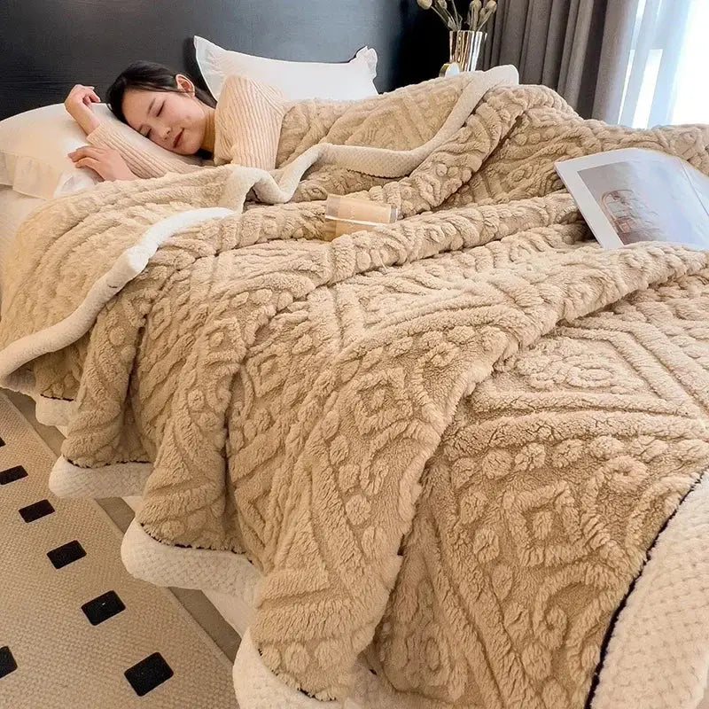Beige carved velvet warmth blanket with textured geometric pattern and soft white lining for bedroom or sofa decorbites carved velvet