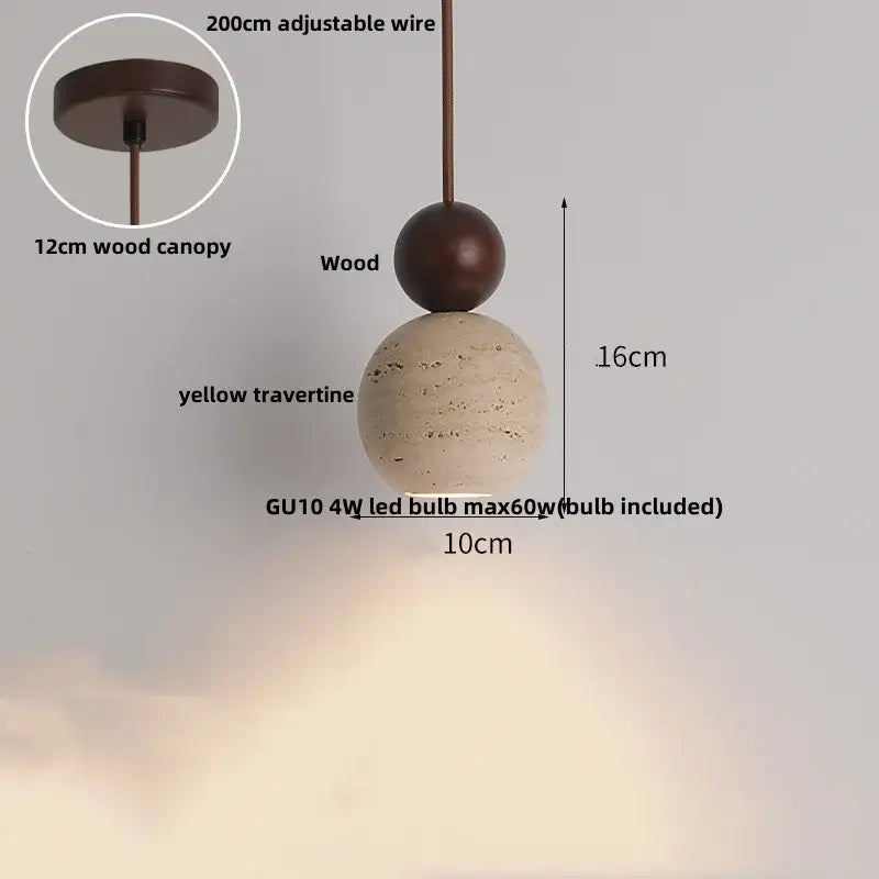 Beige cave stone led pendant light with wood ring featuring a yellow travertine sphere and dark brown wooden canopy for living room decorbites cave stone