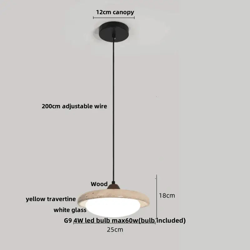 Beige cave stone led pendant light with wood ring featuring a yellow travertine base and white glass diffuser by decorbites cave stone