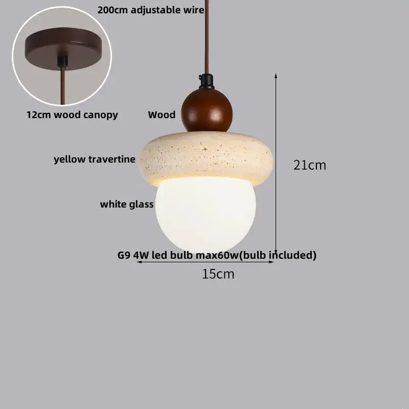 Beige cave stone led pendant light with warm brown wooden canopy yellow travertine ring for living room decorbites cave stone