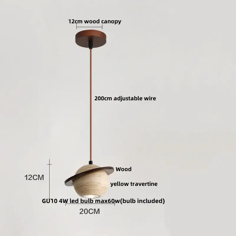 Beige cave stone led pendant lights with wood ring featuring yellow travertine sphere and adjustable copper wire for living room decorbites cave stone