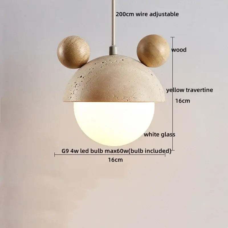 Beige cave stone led pendant light with wood ring features yellow travertine dome and white glass globe for living room decor