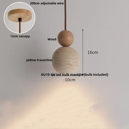 Beige cave stone led pendant light with wood ring featuring natural wood and yellow travertine spheres for living room decorbites cave stone pendant lights