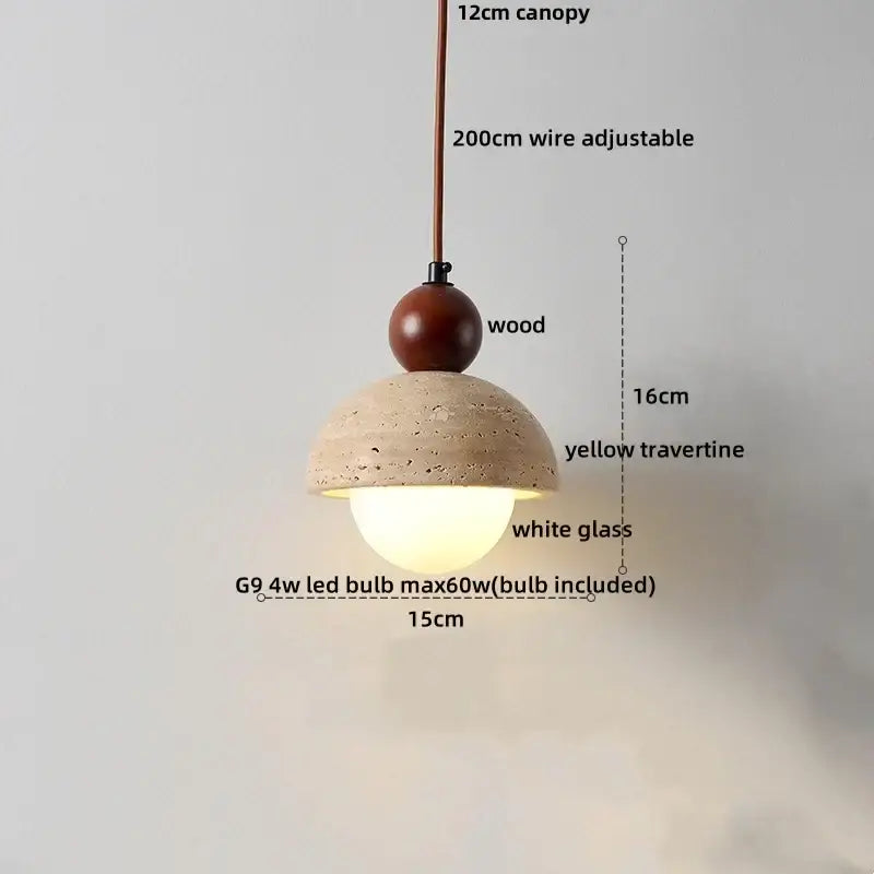 Beige cave stone led pendant light with warm yellow travertine dome and wood ring, ideal for living room decorbites cave stone