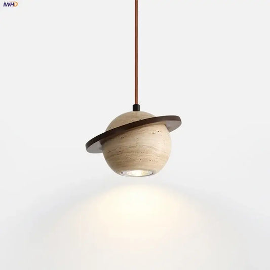 Beige cave stone led pendant light with dark wood ring by decorbites for elegant living room lighting decorbites cave stone