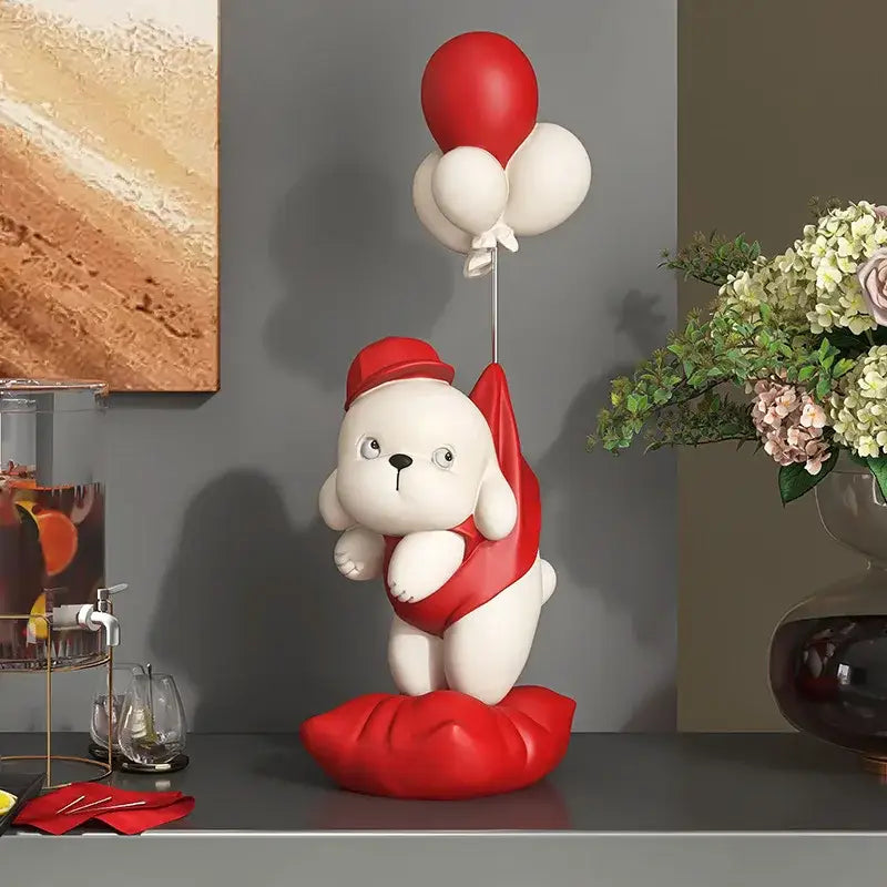 A charming white and red resin balloon puppy statue holding balloons for living room decor