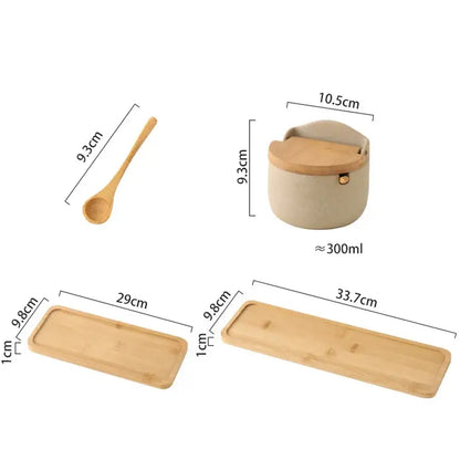 Beige ceramic seasoning jar set with bamboo lid handle and matching bamboo spoons and trays by decorbites ceramic seasoning