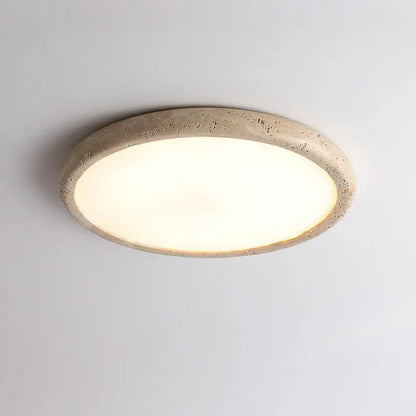 Beige concrete brass led flush mount ceiling lamp with circular recessed design and warm white illuminated center