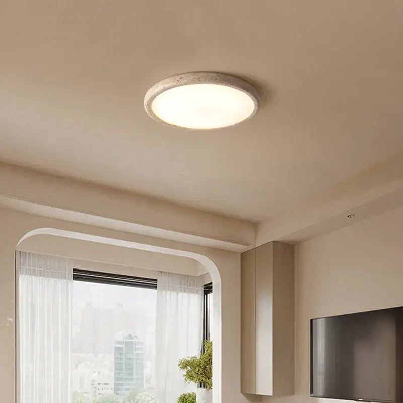 Beige concrete brass led flush mount light ceiling lamp with matte white textured finish and softly diffused glow