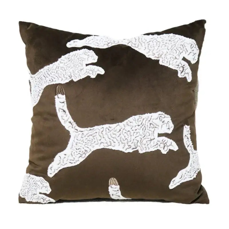 Brown velvet throw pillow with white embroidered leopards complements beige convex rings geometry jacquard living room cushions