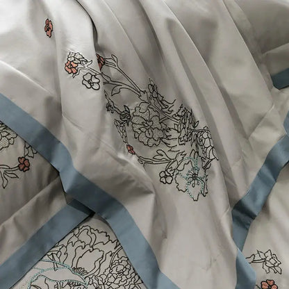 Beige cotton flowers horse embroidery bedding set with cream satin sheet and floral decorbites cotton flowers detailing