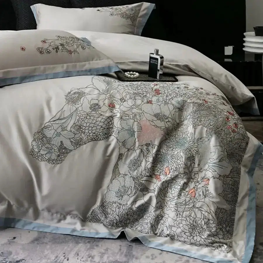 Beige cotton flowers horse embroidery bedding set featuring satin duvet cover with black pink floral embroidery and blue piping