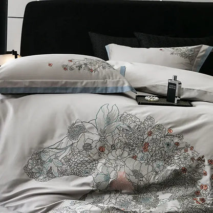 White satin duvet cover with black gray and soft pink floral embroidery in decorbites cotton flowers horse bedding set