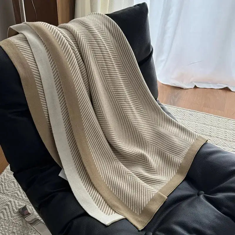 Beige and cream herringbone cozy striped blanket knit throw with ribbed border for decorbites cozy striped decor