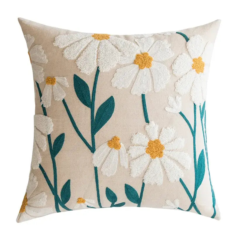 Beige pillow cover with embroidered white daisies and teal stems in decorbites daisy floral geometric style for living room decor