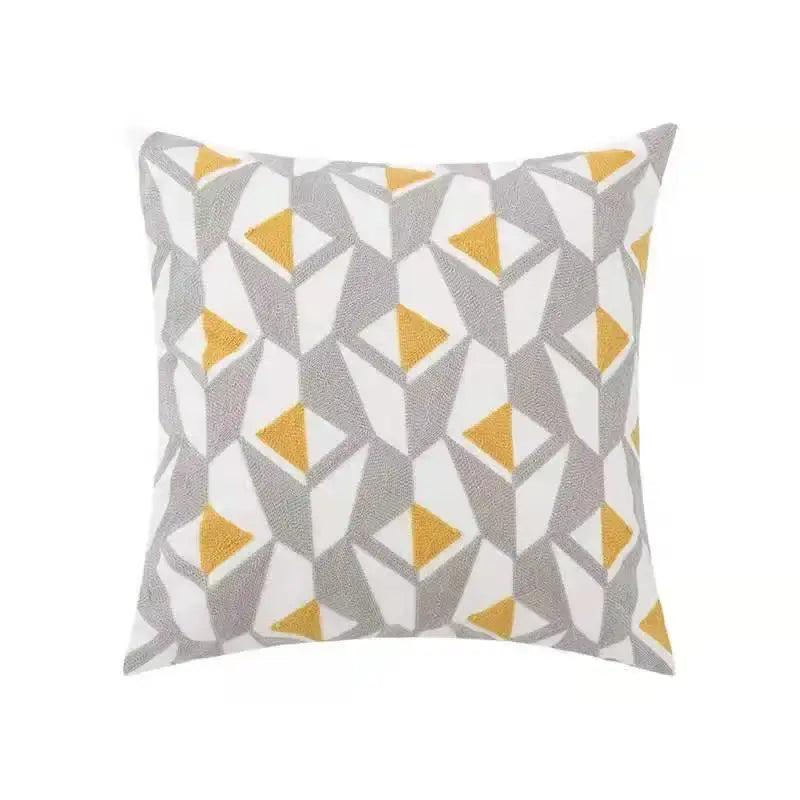 Beige daisy floral geometric pillow cover with gray white and mustard yellow triangle pattern for living room decor
