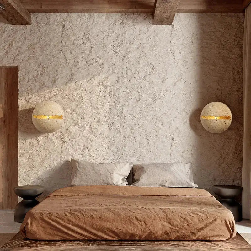 Beige dino egg stone wall lamp with cream spherical sconces and horizontal gold accent for bedroom decorbites wall lamp