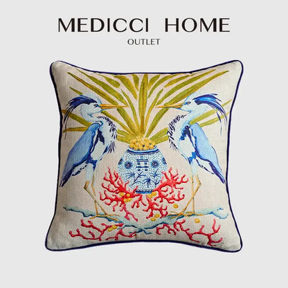 Beige pillow case with egret bird pattern embroidered and vibrant coral motifs for living room sofa decor
