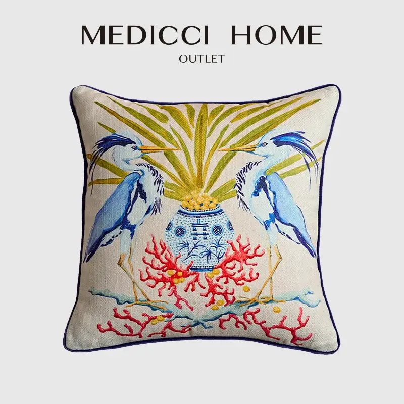 Beige pillow case with egret bird pattern embroidered and vibrant coral motifs for living room sofa decor