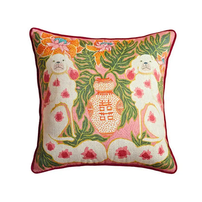 Beige egret bird pattern pillow case with vibrant pink embroidered design featuring dogs and floral motifs for living room sofa