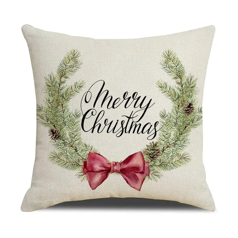Beige linen throw pillow with merry christmas design featuring green pine branches and red bow for decorbites cartoon birds decor