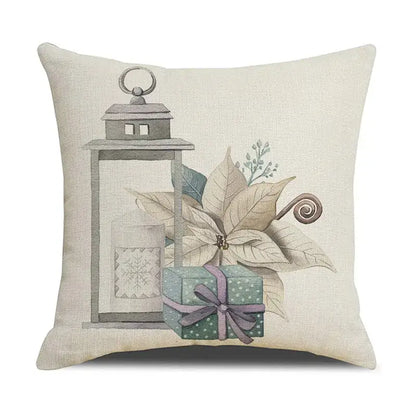Beige linen throw pillow with embroidered cartoon birds christmas design featuring lantern poinsettia gift decorbites decor