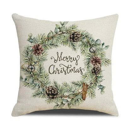 Beige linen throw pillow with festive wreath design featuring pine needles pinecones and silver bells decorbites cartoon birds christmas decor