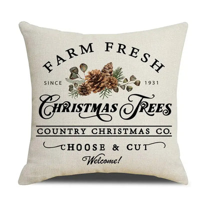 Beige linen throw pillow with rustic farm fresh christmas trees design and brown pinecones decorbites cartoon birds pillowcase