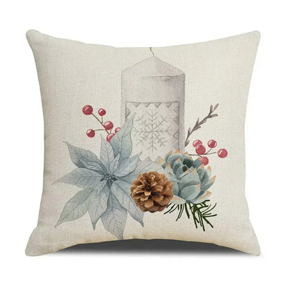 Beige linen throw pillow with watercolor candle pinecones poinsettia leaves and red berries decorbites cartoon birds christmas decor