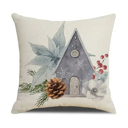 Beige linen throw pillow with gray a-frame house and festive winter elements for decorbites cartoon birds christmas decor