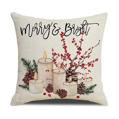 Beige linen cartoon birds christmas pillowcase with merry and bright embroidery featuring candles berries pinecones decorbites cartoon birds