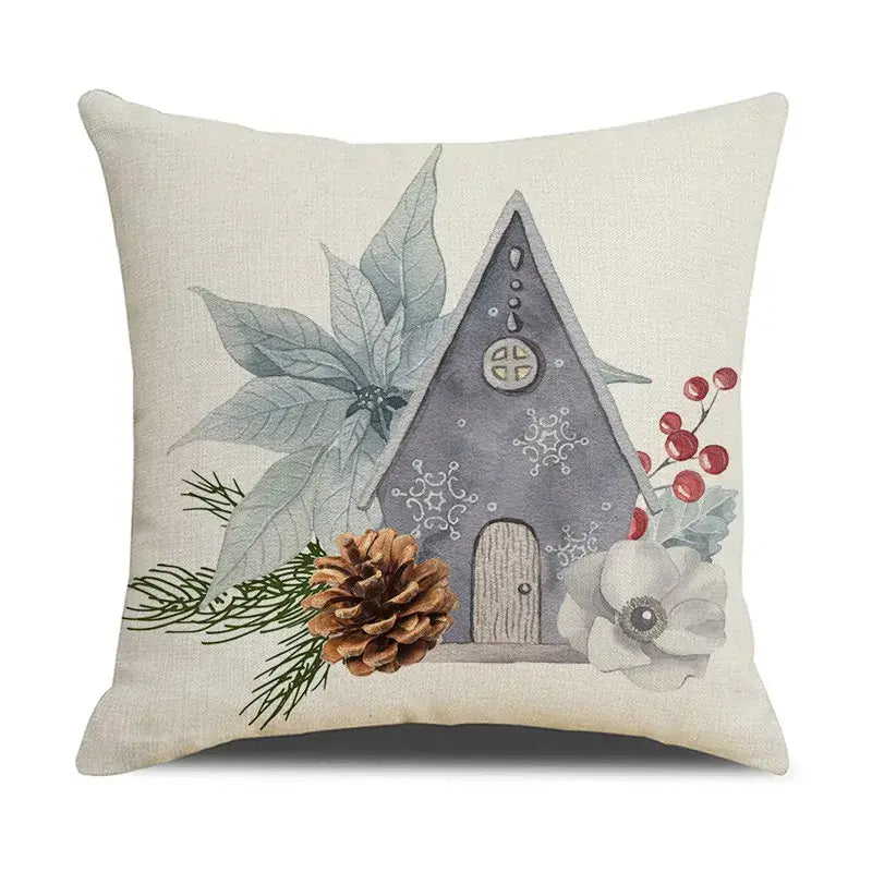 Beige linen throw pillow with watercolor a-frame house and festive winter elements for decorbites cartoon birds christmas decor