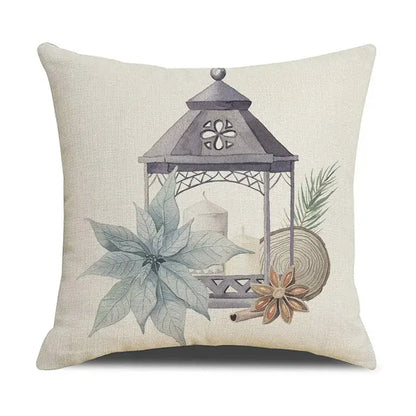 Beige linen throw pillow with watercolor gray lantern and festive decor features decorbites cartoon birds christmas design