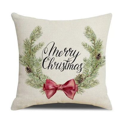 Beige linen throw pillow with merry christmas design featuring green pine branches pinecones and red bow decorbites cartoon birds