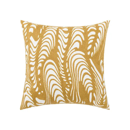 Beige embroidered daisy floral pillow cover with mustard yellow and white abstract wave pattern and textured embroidery