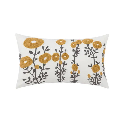 Beige pillow cover with embroidered daisy floral mustard yellow flowers and dark gray stems for bedroom decor