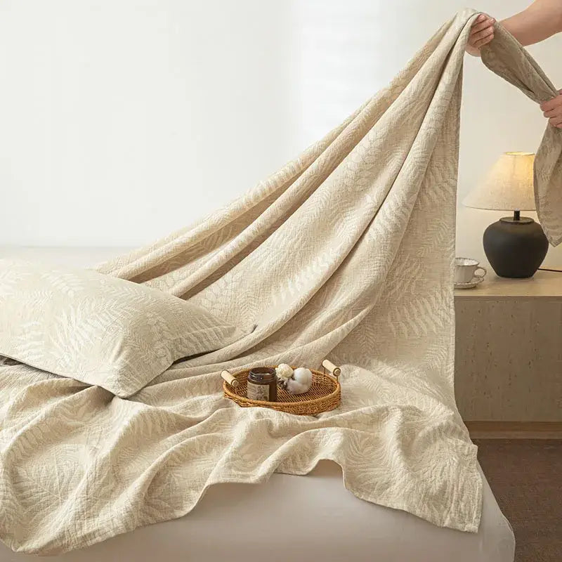 Beige fern leaf cotton linen bed sheet set with subtle leaf embroidery for bedroom bedding use