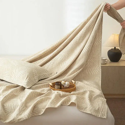 Beige fern leaf cotton linen bed sheet set with subtle leaf embroidery for bedroom bedding use