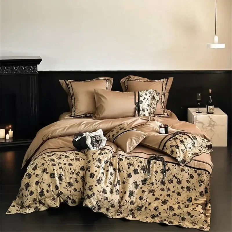 Beige floral satin cotton patchwork bedding set with black embroidered trim and matching pillows for bedroom linens