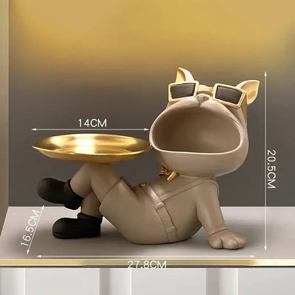 Beige french bulldog resin statue wearing gold-rimmed sunglasses and black boots holding a gold tray decorbites french bulldog