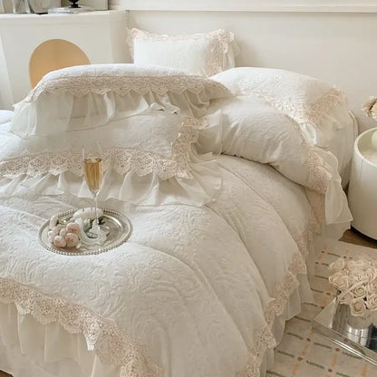 Beige french lace ruffles velvet bedding set featuring white lace-trimmed ruffles with delicate floral embroidery