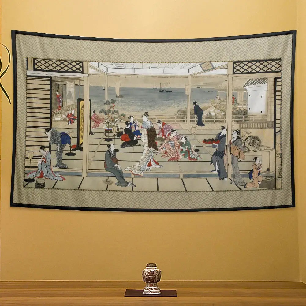 Beige geisha kanagawa print wall hanging featuring a traditional veranda scene with intricate patterns and black border