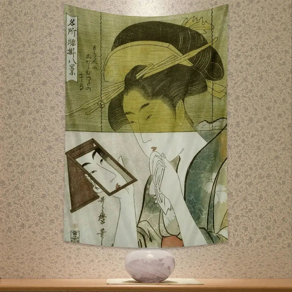 Beige geisha kanagawa print wall hanging tapestry featuring vintage-style woodblock design displayed above a purple bowl