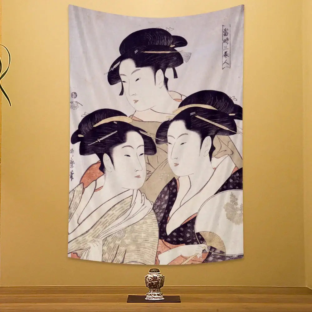 Beige fabric tapestry wall hanging featuring a traditional geisha kanagawa print with three geishas in ornate updos