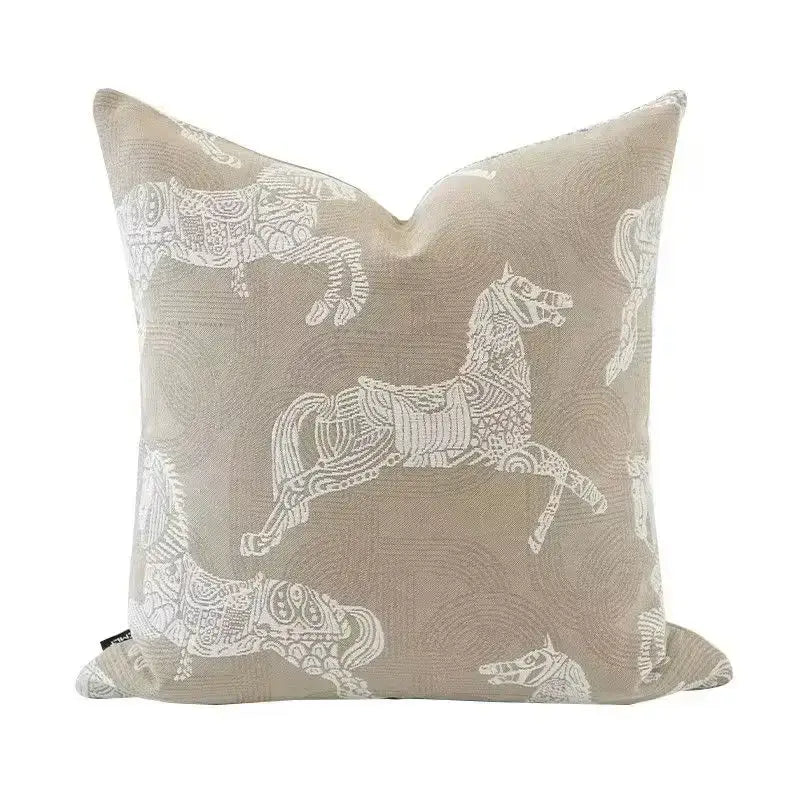 Beige geometric jacquard cushion cover with intricate white embroidered horse designs for living room decorbites accent pillow