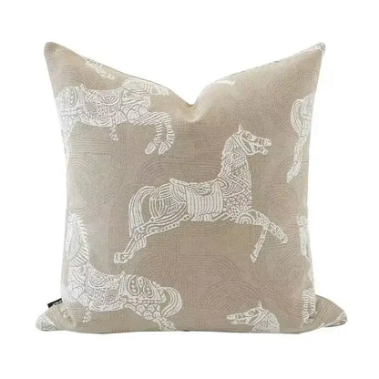 Beige geometric jacquard cushion cover with intricate white embroidered horse designs for living room decorbites accent pillow