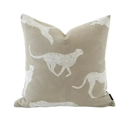Beige geometric jacquard cushion cover with white embroidered cheetah silhouettes for living room decorbites cushion cover