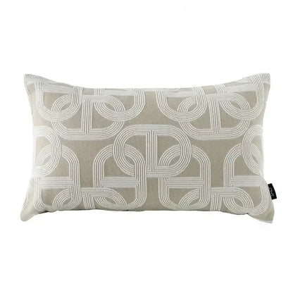 Beige geometric jacquard cushion cover with intricate white embroidered geometric jacquard pattern for living room decorbites accent