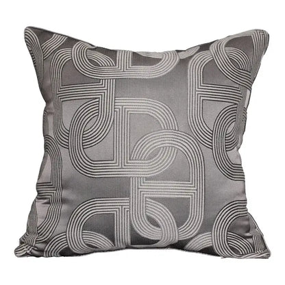 Gray throw pillow with intricate lighter gray geometric jacquard embroidery beige cushion cover decorbites geometric jacquard